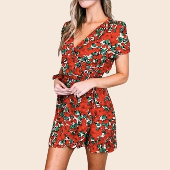 Zara Basic Red Floral Mini Wrap Dress Size XS - Picture 3 of 15